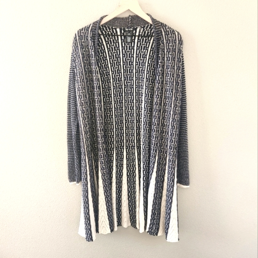 Nic + Zoe Duster Cardigan Large Linen Cotton Navy Blue Cream Longline Open Front